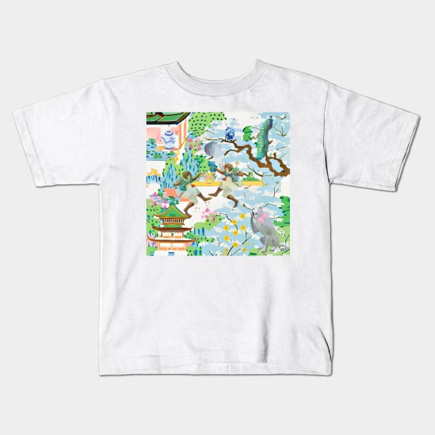 Dancing monkeys chinoiserie Kids T-Shirt by SophieClimaArt